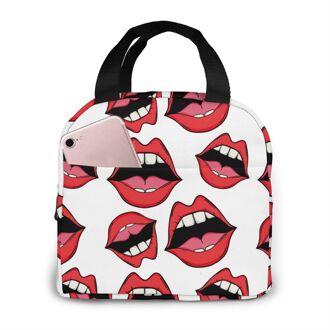 Lippen Canvas Draagbare Koeler Lunch Tas Mode Thermische Geïsoleerde Voedsel Zakken Voedsel Picknick Lunchbox Tas Voor Mannen Vrouwen Kinderen Black1