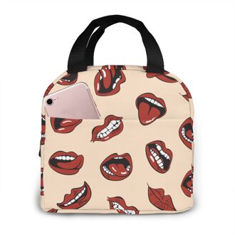 Lippen Canvas Draagbare Koeler Lunch Tas Mode Thermische Geïsoleerde Voedsel Zakken Voedsel Picknick Lunchbox Tas Voor Mannen Vrouwen Kinderen Black3