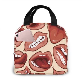 Lippen Canvas Draagbare Koeler Lunch Tas Mode Thermische Geïsoleerde Voedsel Zakken Voedsel Picknick Lunchbox Tas Voor Mannen Vrouwen Kinderen Black6