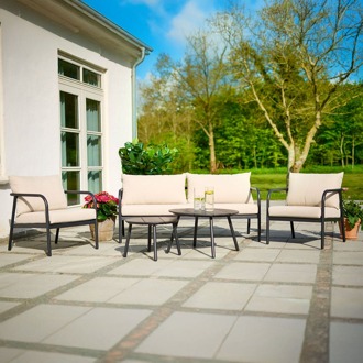 Lisomme Manu tuin loungeset zwart 5delig - tweezitsbank, twee fauteuils en twee salontafels - met beige zitkussens