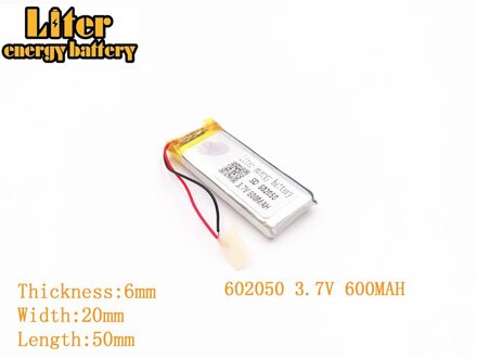 Liter energie batterij 3.7 V 600 mAh 602050 plug Lithium Polymer Oplaadbare Batterij Voor MP3 MP4 MP5 Lithium polymeer batterij 3.7V 600mAh 602050