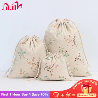 Literary Cotton Linen Drawstring Bag Vintage Flower Plant Coffee Gift Candy Packaging Bags Women Travel Pouch Storage Coin Purse