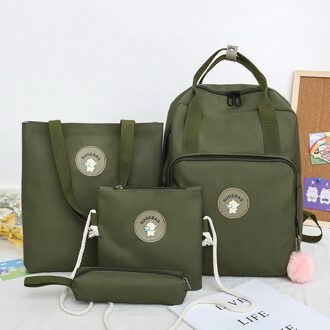 Litthing 4 Stks/set Rugzak Mode Vrouwen Rugzak Canvas Schoudertassen Afdrukken Meisje Schooltas Mochilas Student Rugzak donker groen