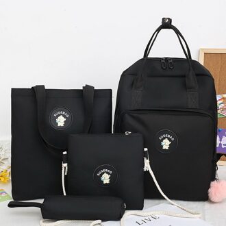 Litthing 4 Stks/set Rugzak Mode Vrouwen Rugzak Canvas Schoudertassen Afdrukken Meisje Schooltas Mochilas Student Rugzak zwart