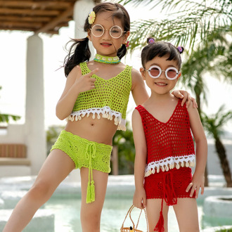 Little Girls Two-piece Crochet Swimsuit Kids Baby Girl Bikini Suit Swimwear Bathing Swimming Swimmer Costume Clothes