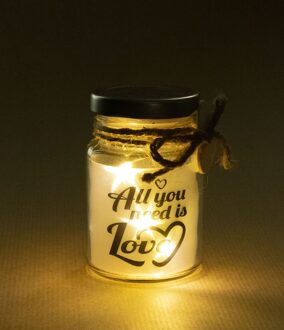Little Star Light, Glazen Potje met LED Sterretjes, All you need is love - 8,5cm hoog