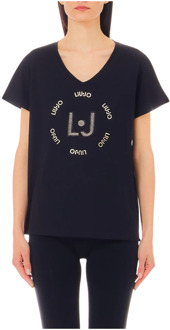 Liu Jo Zwarte Katoenen Stretch V-hals T-shirt Liu Jo , Black , Dames - Xl,L,M,S,Xs