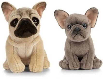Living nature 2x Creme en grijze Franse Bulldog honden speelgoed knuffels 15 en 25 cm