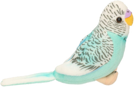 Living nature Pluche grasparkiet vogel knuffel - blauw - met geluid -14 cm - speelgoed
