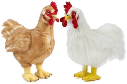 Living nature Set van Pluche kip en haan knuffels 35 cm speelgoed - Vogel knuffels Bruin