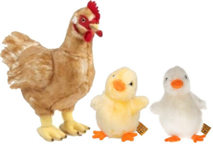 Living nature Set van Pluche kip met gele en witte kuiken knuffel speelgoed