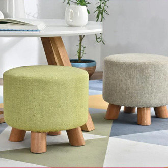 Living Room Luxury Upholstered Footstool Nordic Round Pouffe Stool Wooden Leg Pattern Round Fabric With 4 Legs