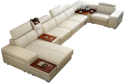 living room Sofa functional genuine leather couch Nordic sala U shape corner fridge cup holder seat heating USB Iphone charging