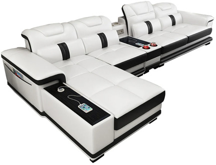 living room Sofa L shape corner genuine leather couch Nordic speaker sound system radio Iphone charge USB Bluetooth cup holder