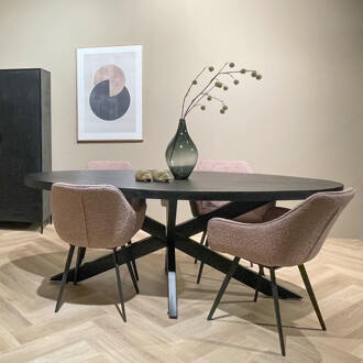 Livingfurn Eetkamertafel Kala Oval Spider 160cm - Mangohout / Gecoat Staal Zwart