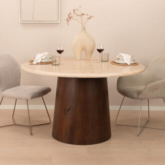 Livingfurn Eetkamertafel Valentino Round 130cm - Mangohout / Travertin Bruin