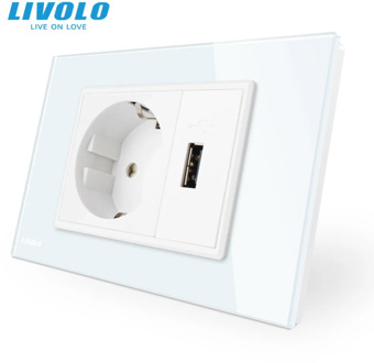 Livolo Two Gang EU Socket & USB socket , White Crystal Glass Panel, AC 110~250V 16A Wall Power Socket, VL-C9C1EU1U-11