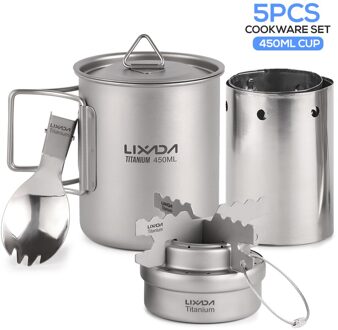 Lixada 5 Stuks Outdoor Camping Kookgerei Set Voor Picknick 450Ml/750Ml Pot Alcohol Fornuis Cross Stand Rack opvouwbare Spork En Voorruit met 450ml pot