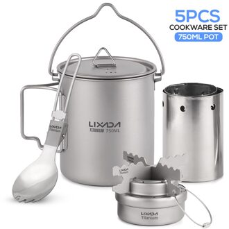 Lixada 5 Stuks Outdoor Camping Kookgerei Set Voor Picknick 450Ml/750Ml Pot Alcohol Fornuis Cross Stand Rack opvouwbare Spork En Voorruit met 750ml pot