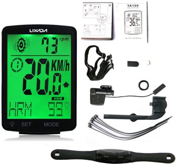 Lixada Draadloze Fiets Computer Multifunctionele Lcd-scherm Fiets Computer Hartslag Sensor Bike Fietsen Snelheidsmeter Kilometerteller zwart greenbacklight