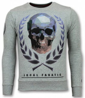 Local Fanatic Doodskop Trui - Skull Rhinestone Sweater Heren - Grijs - Maten: XXL
