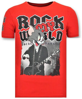 Local Fanatic Exclusieve T-Shirt Mannen - Rock My World Cat - Rood - Maten: L