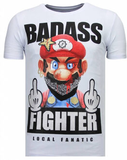 Local Fanatic Fight Club Mario - Rhinestone T-shirt - Wit - Maten: L