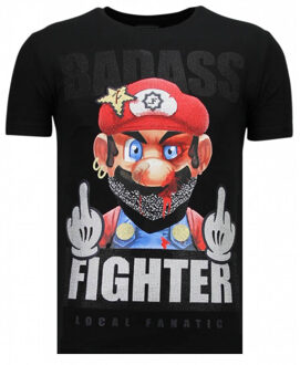 Local Fanatic Fight Club Mario - Rhinestone T-shirt - Zwart - Maten: L