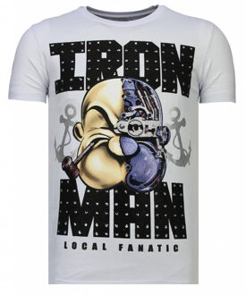 Local Fanatic Iron Man Popeye - Rhinestone T-shirt - Wit - Maten: L