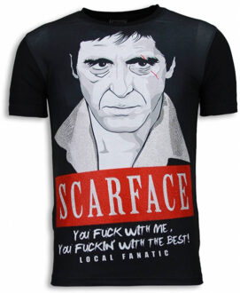 Local Fanatic Scarface Red Scar - Digital Rhinestone T-shirt - Zwart - Maten: L