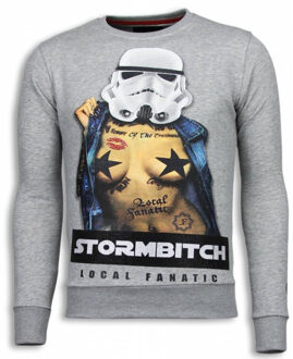 Local Fanatic Stormbitch - Rhinestone Sweater - Licht Grijs - Maten: L