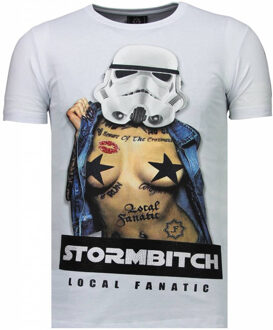 Local Fanatic Stormbitch - Rhinestone T-shirt - Wit - Maten: XXL