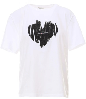 Logo Print Katoenen T-Shirt Saint Laurent , White , Dames