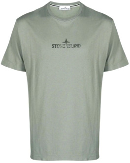 Logo-print Saliegroene Katoenen T-shirt Stone Island , Green , Heren - 2XL