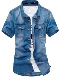 Loldeal Korte Mouwen Denim Shirt Mannen Effen Kleur Revers Pocket Decoratie Slim Fit donker blauw / M