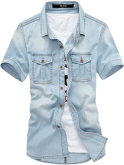 Loldeal Korte Mouwen Denim Shirt Mannen Effen Kleur Revers Pocket Decoratie Slim Fit licht blauw / L