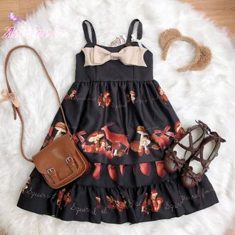 Lolita Jurk Zoete Jsk Loli Strik Cake Print Gelaagde Leuke Sling Jurken Kawaii Meisje Vrouwen Party Vestidos AFC984 zwart