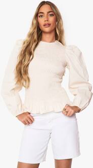 Long Sleeve Shirred Frill Hem Top -> Top Met Lange Mouwen En Geplooide Ruches In De Zoom, Stone - 34
