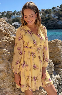 Long Sleeve V-neck Dress Flower Yellow Geel
