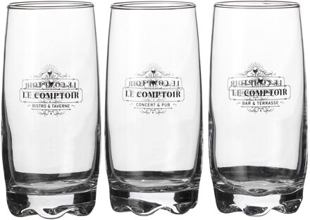 longdrink/water/drinkglazen Comptoir - gedecoreerd glas - 3x stuks - 390 ml - Longdrinkglazen Transparant