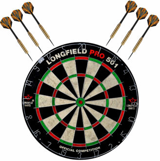 Longfield Dartbord set compleet van diameter 45.5 cm met 6x Club Brass dartpijlen van 22 gram - Professioneel darten pakket