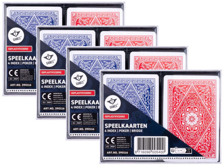 Longfield Games 4x sets Speelkaarten - blauw/rood - 4x 54 kaarten - klassiek - kaartspel