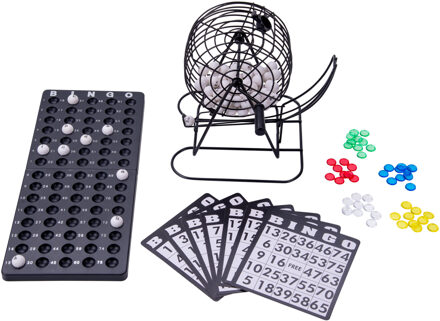 Longfield Games Bingo spel set - zwart - nummers 1-75 - met molen - bingo spelen - bingomolen - lotto spellen Multi