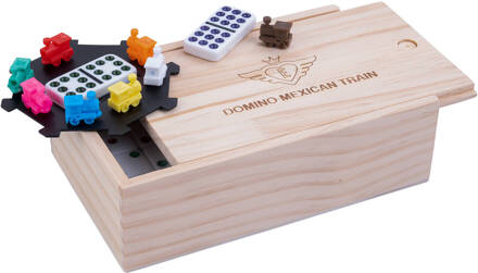 Longfield Games Domino Dubbel 9 Mexican Train Spel - Houten Kist - 55 Stenen