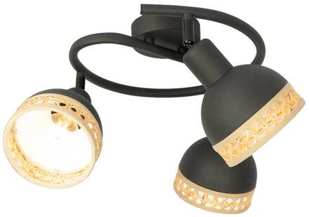 Lonnaris plafondlamp, rotan, rond, 3-lamps zwart, rotan natuur