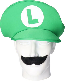 Loodgieter Luigi verkleed set - pet en snor - groen - gamer verkleed accessoires