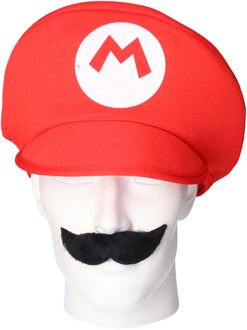 Loodgieter Mario verkleed set - pet en snor - rood - gamer verkleed accessoires