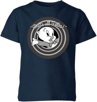 Looney Tunes Porky Pig Circle Logo Kinder T-shirt - Navy - 146/152 (11-12 jaar) - Navy blauw - XL