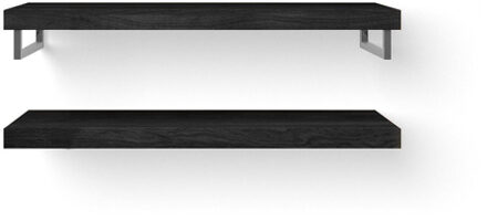 Looox Wood collection Duo wandplanken 120x46cm - 2 stuks - Met handdoekhouders RVS geborsteld - massief eiken Black WBDUO120BLRVS