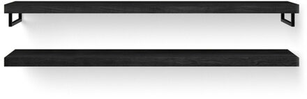 Looox Wood collection Duo wandplanken 200x46cm - 2 stuks - Met handdoekhouders zwart mat - massief eiken Black WBDUO200BLMZ